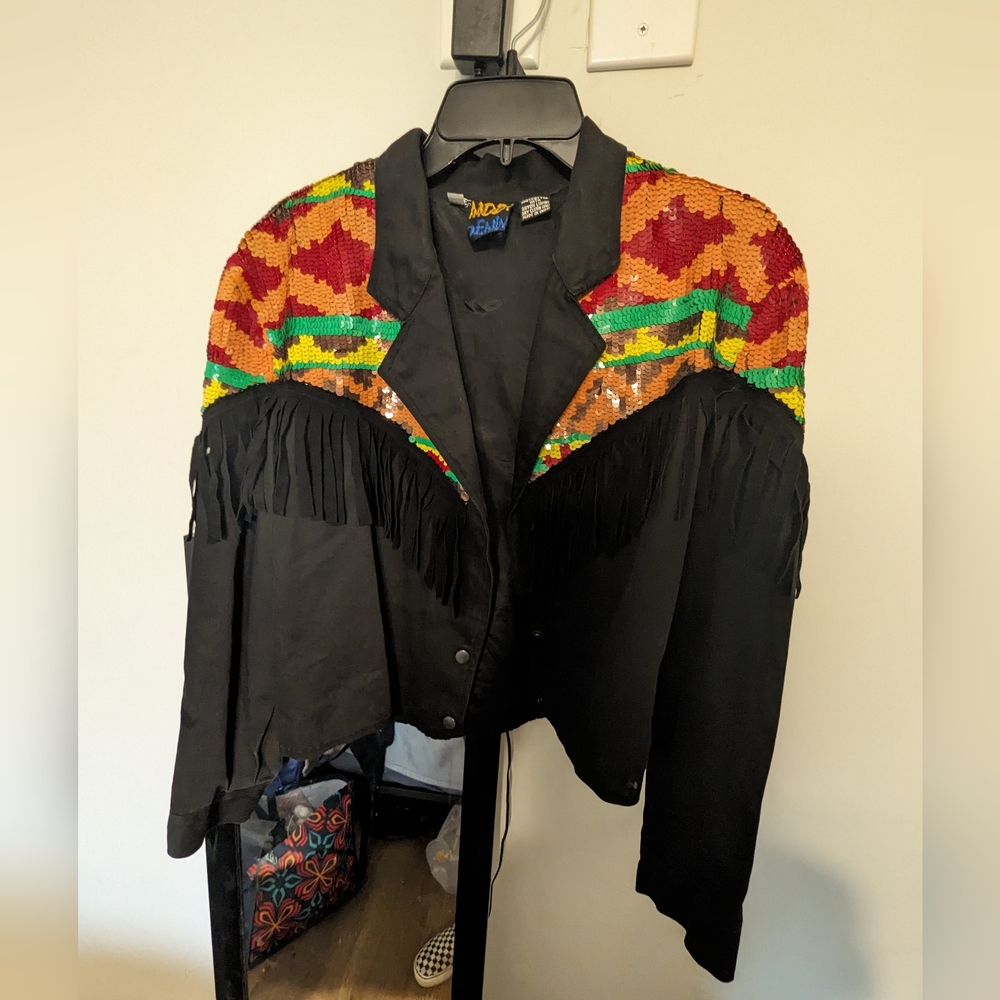 Vintage 80s Modi Bomber Jacket Sequin Black Fringe Size 10-12